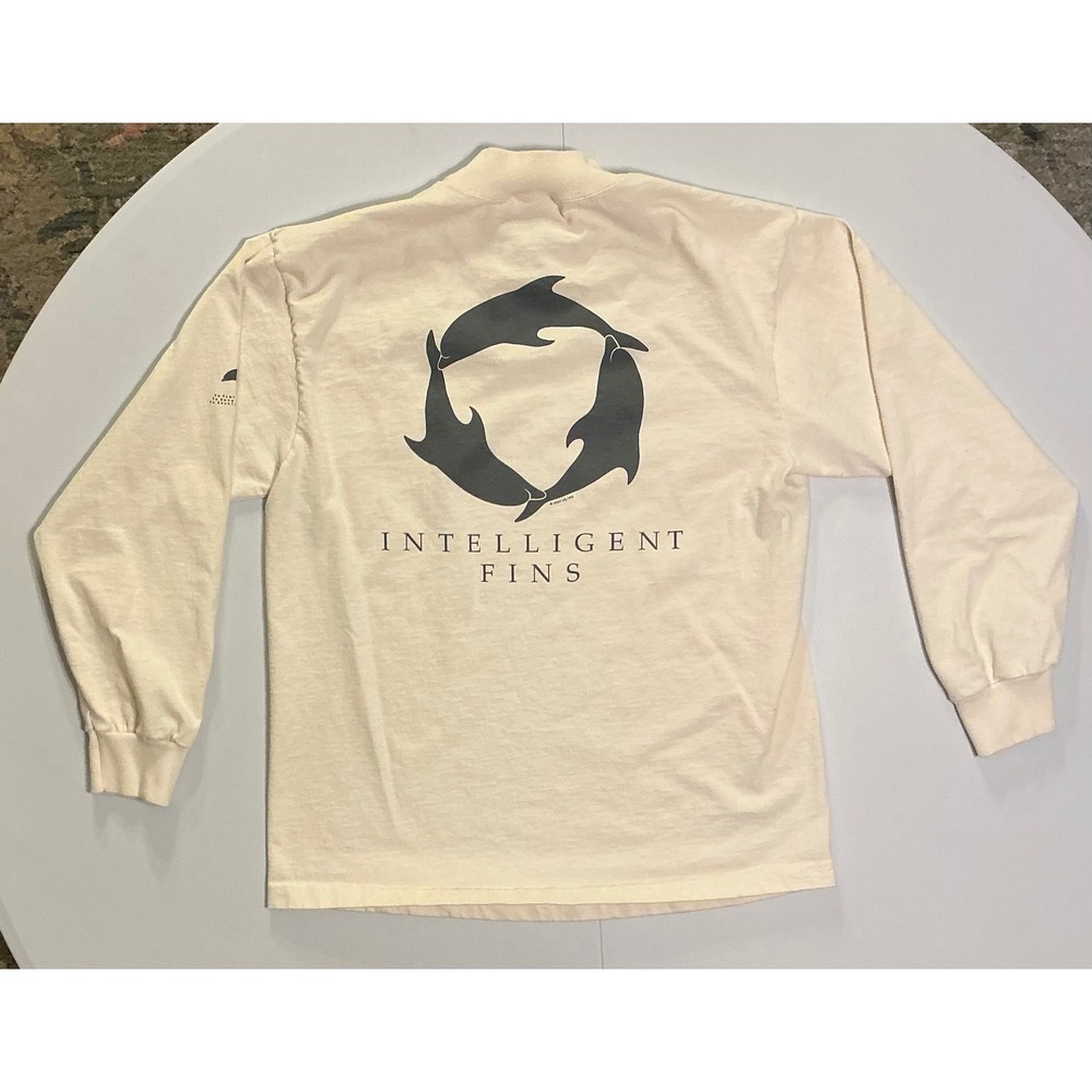 VTG 90s USA Made Dolphin Mock Neck Single Stitch Shirt Cream Sleeve Hit L